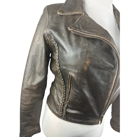 Unik Distressed Brown Leather Braided Moto Motorcycle Jacket Cross Zip Size XS - Picture 5 of 16